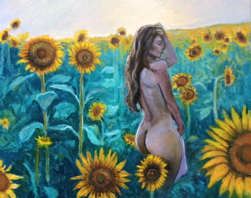 Lauren and sunflowers at dusk